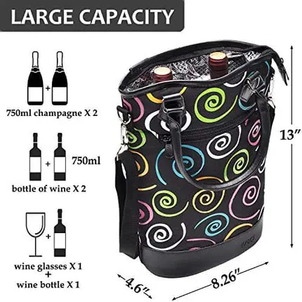 Tirrinia Insulated Wine Gift carrier Tote - Travel Padded 2 Bottle Wine/Champagne Cooler Bag with Handle and Adjustable Shoulder Strap, Great Wine Lover Gift, SPIRAL