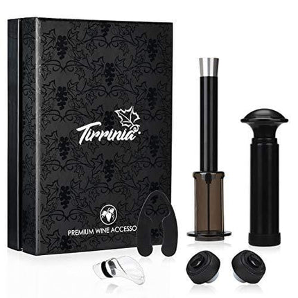 Wine Air Pressure Pump Opener Set, Tirrinia Wine Bottle Cork Remover Accessory Tool Kit with Wine Saver, 2 Vacuum Stoppers, Wine Pourer and Foil Cutter, Perfect Wine Lover Gifts, Silver