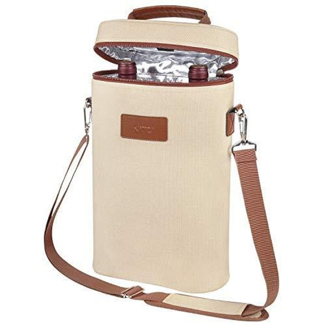 Tirrinia 2 Bottle Wine Tote Carrier - Insulated Portable Padded Versatile Canvas Cooler Bag for Travel, BYOB Restaurant, Wine Tasting, Party, Great Christmas Day Gift for Wine Lover, Beige