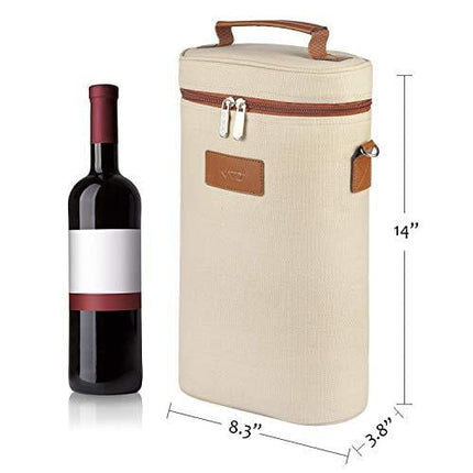 Tirrinia 2 Bottle Wine Tote Carrier - Insulated Portable Padded Versatile Canvas Cooler Bag for Travel, BYOB Restaurant, Wine Tasting, Party, Great Christmas Day Gift for Wine Lover, Beige