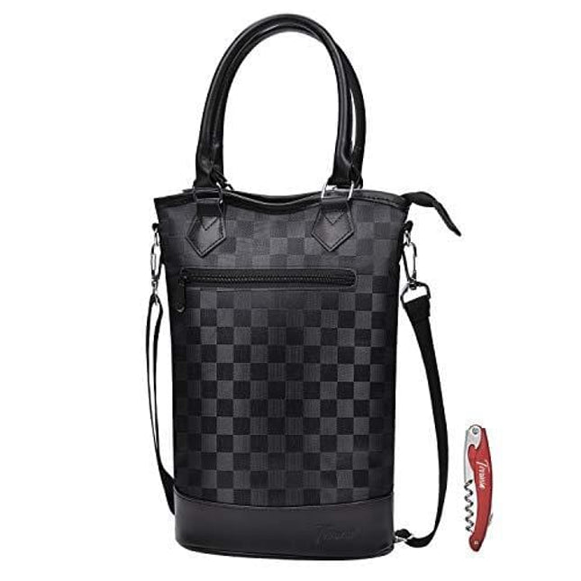Tirrinia Insulated Wine Carrier Tote - Travel Padded 2 Bottle Wine/Champagne Cooler Bag with Handle and Adjustable Shoulder Strap + Free Corkscrew, Great Wine Lover Gift, Black