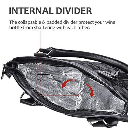 Tirrinia Insulated Wine Carrier Tote - Travel Padded 2 Bottle Wine/Champagne Cooler Bag with Handle and Adjustable Shoulder Strap + Free Corkscrew, Great Wine Lover Gift, Black