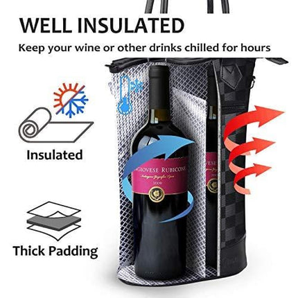 Tirrinia Insulated Wine Carrier Tote - Travel Padded 2 Bottle Wine/Champagne Cooler Bag with Handle and Adjustable Shoulder Strap + Free Corkscrew, Great Wine Lover Gift, Black