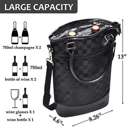Tirrinia Insulated Wine Carrier Tote - Travel Padded 2 Bottle Wine/Champagne Cooler Bag with Handle and Adjustable Shoulder Strap + Free Corkscrew, Great Wine Lover Gift, Black