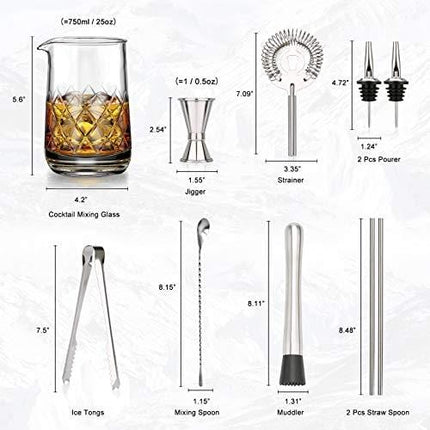 Crystal Cocktail Mixing Glass Set -10 Piece Bartender Kit - 25 oz Thick Bottom Mixing Glass with Spoon, Straw, Ice Tongs, Jigger, Pourer, Strainer, Muddler - Professional Quality, Makes a Great Gift