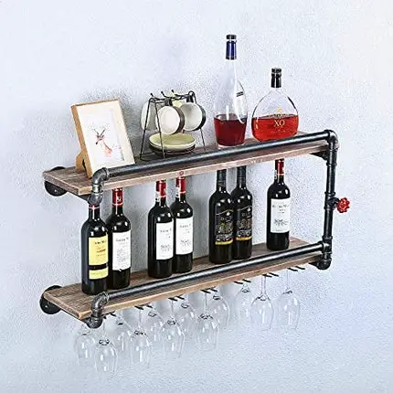 Industrial Wine Racks Wall Mounted with 7 Stem Glass Holder,2-Tiers Rustic Metal Hanging Wine Holder,36in Wall Mount Bottle Holder,Pipe Shelves Kitchen/Living Room/Home Wood Wine Shelf