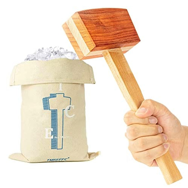 TMKEFFC Ice Mallet Lewis Bag Bartender Kit, Manual Wood Splicing Hammer and Reusable Three-Layer Thickened Canvas Bag for Ice Crushing, Craft Cocktail Tool for Home Party Bar Kitchen Restaurant
