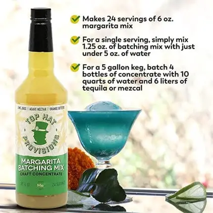 Top Hat Agave Margarita Batching Mix & Frozen Margarita Concentrate - 2 pack of 32oz bottles - 1.25oz pour makes 6oz of Margarita Mix - 1.25oz pour makes 6oz of Margarita Mix – Batch Margaritas on Draft & Frozen Margaritas