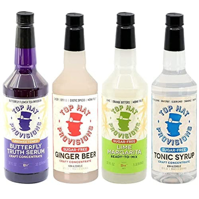 Top Hat Keto Sugar Free Mixology Combo Kit - Ginger Syrup, Tonic Syrup, Margarita Mix & Butterfly Tea Tincture - Naturally Sweetened with Monk Fruit - Craft Mixers for Skinny Cocktail Drinks - 4 pack 32oz Bottles