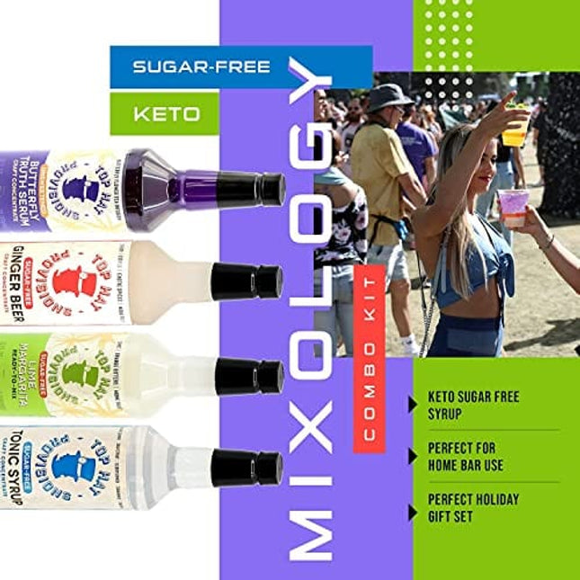 Top Hat Keto Sugar Free Mixology Combo Kit - Ginger Syrup, Tonic Syrup, Margarita Mix & Butterfly Tea Tincture - Naturally Sweetened with Monk Fruit - Craft Mixers for Skinny Cocktail Drinks - 4 pack 32oz Bottles