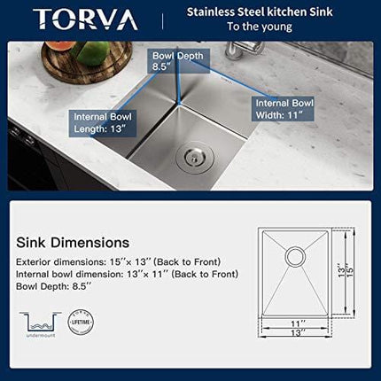 Bar Sink, TORVA 13 x 15 Inch Undermount Kitchen Sink, 16 Gauge Stainless Steel Bar or Prep Sinks Single Bowl