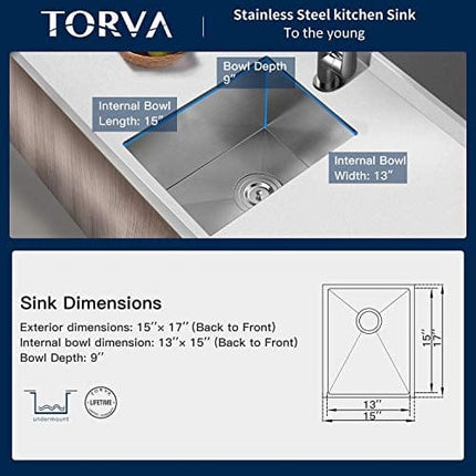 Bar Sink, TORVA 15 x 17 Inch Undermount Kitchen Sink, 16 Gauge Stainless Steel Wet Bar or Prep Sinks Single Bowl, Fits 18" Cabinet