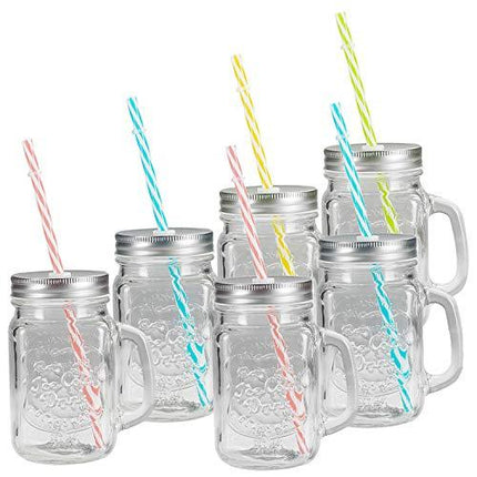 Tosnail 6 Pack 16 Oz. Mason Jar Mugs with Handle, Tin Lid and Plastic Straws - Old Fashion Drinking Glasses