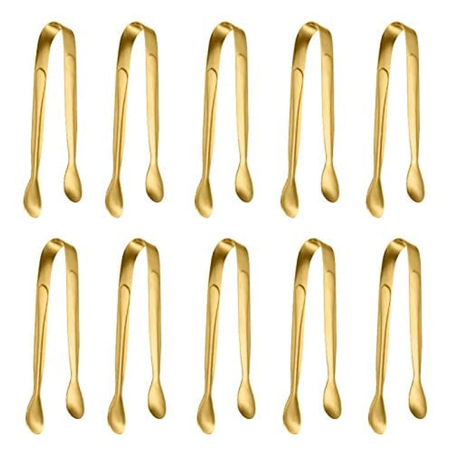 10 Pack Small Ice Tongs Sugar Tongs, Stainless Steel Mini Serving Appetizers Tongs for Party Coffee Tea Wine Bar Kitchen (Golden)