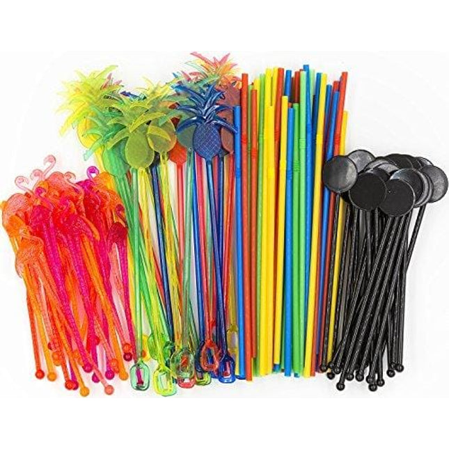Bar Caddy Supplies (120 Pack) – Assorted Swizzle Sticks/Drink Stirrers (24 of Each Design) – Disposable Flexible Drinking Straws in 2 Sizes – Small Bar Party Supply Refill Pack for Bar Organizer