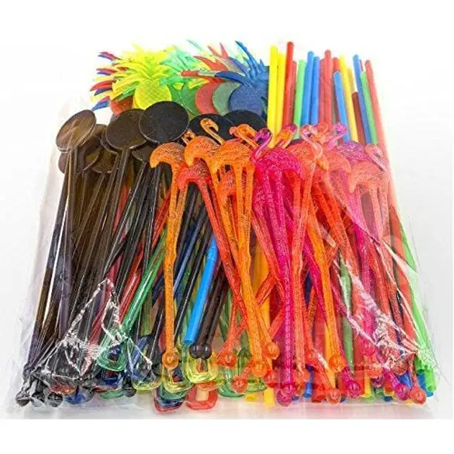 Bar Caddy Supplies (120 Pack) – Assorted Swizzle Sticks/Drink Stirrers (24 of Each Design) – Disposable Flexible Drinking Straws in 2 Sizes – Small Bar Party Supply Refill Pack for Bar Organizer