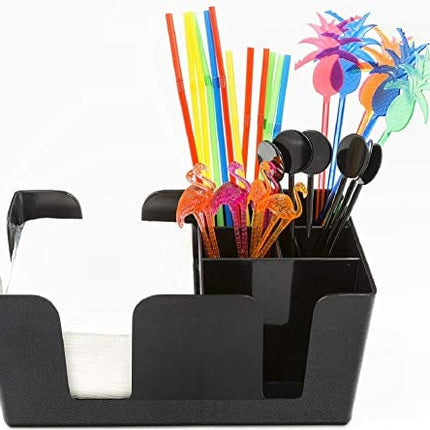 Bar Caddy (6 Compartments) – Bar Supplies Included – All Set and Ready To Go – Includes Napkins, Cocktail Straws, and Swizzle Sticks – Heavy Duty Refillable Bar Organizer (Black)