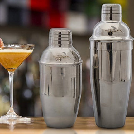 Premium Cocktail Shaker Set – 2 Professional Stainless Steel Martini Shakers (12 Ounce and 24 Ounce) – Built-In Strainer – Double Jigger Included – Bonus Cocktail Recipe eBook
