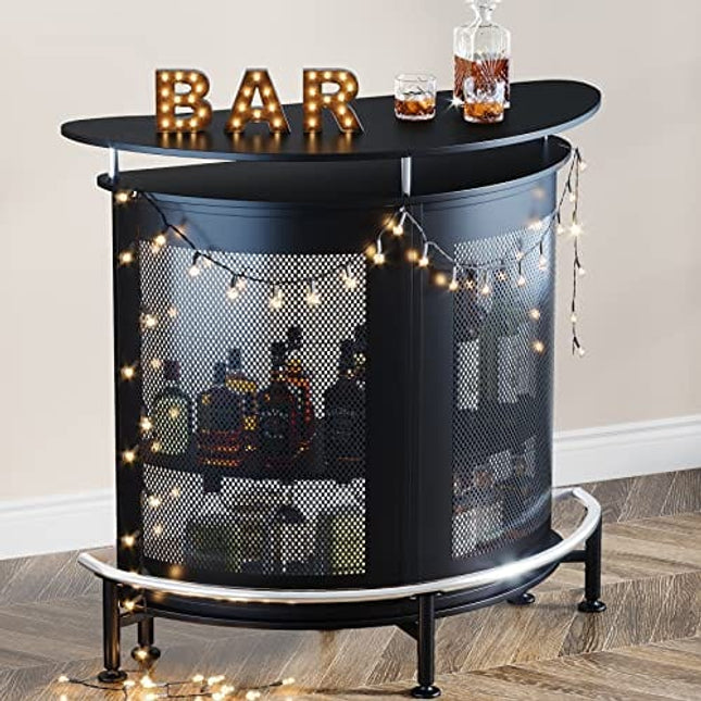 Tribesigns Bar Unit with Metal Mesh Front, Home Liquor Bar Table with Storage and Footrest (Black)