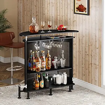Tribesigns Bar Unit with Metal Mesh Front, Home Liquor Bar Table with Storage and Footrest (Black)