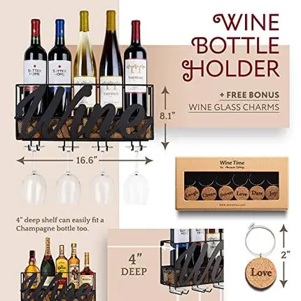 Wall Mounted Wine Rack - Bottle & Glass Holder - Cork Storage - Store Red, White, Champagne - Comes with 6 Cork Wine Charms - Home & Kitchen Décor - Designed by Anna Stay, Wine