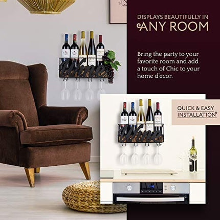 Wall Mounted Wine Rack - Bottle & Glass Holder - Cork Storage - Store Red, White, Champagne - Comes with 6 Cork Wine Charms - Home & Kitchen Décor - Designed by Anna Stay, Wine