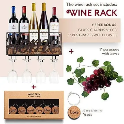 Wall Mounted Wine Rack - Bottle & Glass Holder - Cork Storage Store Red, White, Champagne - Come with 6 Cork Wine Charms - Home & Kitchen Décor - Storage Rack - Designed by Anna Stay,Home