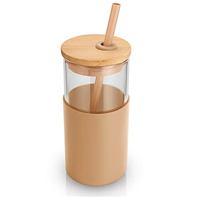 tronco 24 oz Glass Tumbler with Straw and Lid - Glass Cup with Lid and  Straw, Smoothie Cup, Iced Coffee Cup - Bamboo Lid and Protective Silicone  Sleeve - BPA-Free Amber/2 Pack