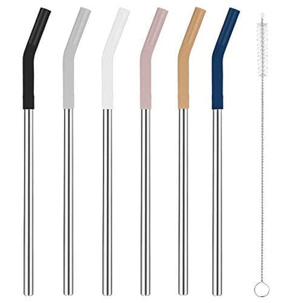 Tronco Set of 6 Stainless Steel Reusable Metal Straws with Silicone Flex Tips Elbows Cover, Metal Drinking Straws for Tronco Tumbler, 6 Steel Straws,6 Silicone Tips,1 Straw Cleaning Brush