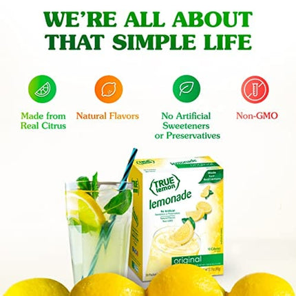 TRUE LEMON Original Lemonade Drink Mix (30 Packets) | Made from Real Lemon | No Preservatives, No Artificial Sweeteners, Gluten Free | Water Flavor Packets & Water Enhancer with Stevia