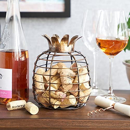 True Juicy Pineapple Holder Wine Décor for Kitchen | Barrel Cage Display Collector | Decorative Vino Cork Storage Box Container Gift, Set of 1, Brown