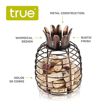 True Juicy Pineapple Holder Wine Décor for Kitchen | Barrel Cage Display Collector | Decorative Vino Cork Storage Box Container Gift, Set of 1, Brown