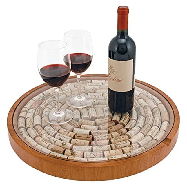 True Wine Cork Collector Lazy Susan Turntable, Wooden and Glass Storage for 130 Corks, Tabletop or Countertop Organization, Set of 1