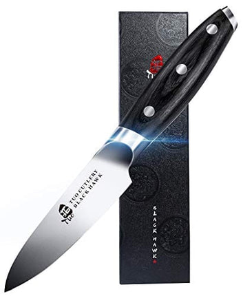 TUO Paring Knife - 3.5 inch Peeling Knife - Fruit and vegetable Knife Ultra Sharp Kitchen Knife - German HC Steel - Full Tang Pakkawood Handle - BLACK HAWK SERIES with Gift Box