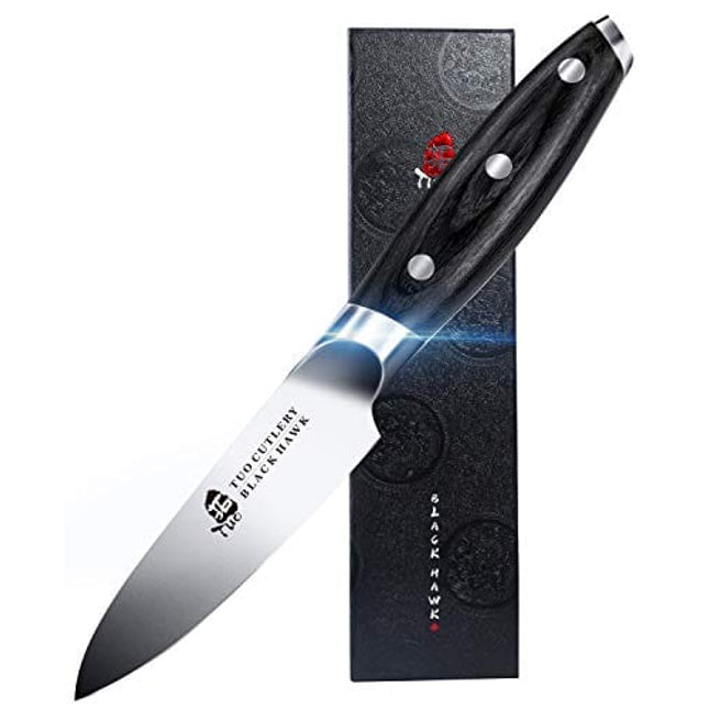 TUO Paring Knife - 3.5 inch Peeling Knife - Fruit and vegetable Knife Ultra Sharp Kitchen Knife - German HC Steel - Full Tang Pakkawood Handle - BLACK HAWK SERIES with Gift Box