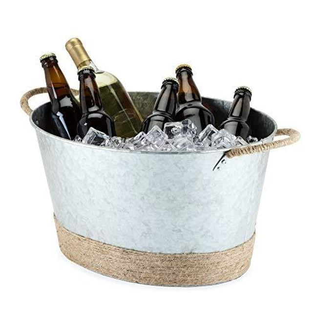 Twine Seaside Jute Rope Wrapped Farmhouse Galvanized Ice Metal Tub, Wine, Beer Bottle Bucket, 4.5 Gallons