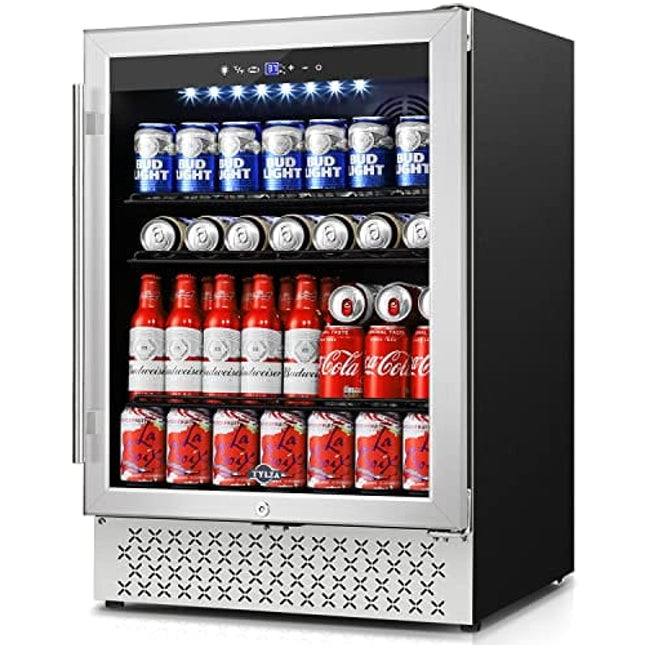 TYLZA Beverage Refrigerator 24 Inch, 190 Can Built-in/Freestanding Beverage Cooler Fridge with Glass Door and Advanced Cooling Compressor for Beer and Soda or Wine, Low Noise, 37-64 F