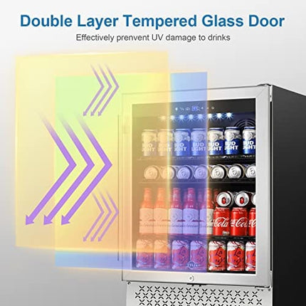 TYLZA Beverage Refrigerator 24 Inch, 190 Can Built-in/Freestanding Beverage Cooler Fridge with Glass Door and Advanced Cooling Compressor for Beer and Soda or Wine, Low Noise, 37-64 F