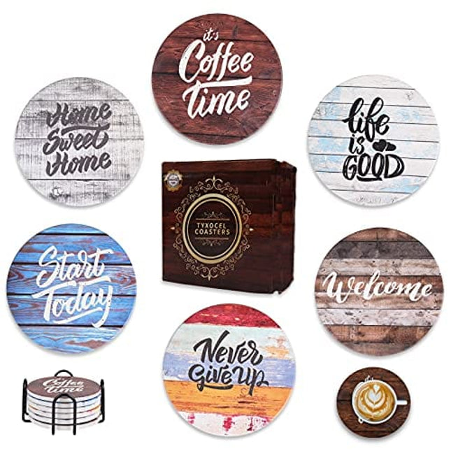 Coasters for Drinks Absorbent with Holder, 6 pcs Funny Ceramic Coasters with The Cork Base, Farmhouse Cute Cup Drink Coasters for Coffee &Wooden Table Decor, Housewarming Gift (Rustic)