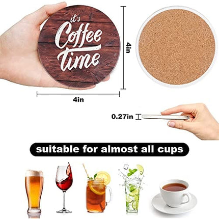 Coasters for Drinks Absorbent with Holder, 6 pcs Funny Ceramic Coasters with The Cork Base, Farmhouse Cute Cup Drink Coasters for Coffee &Wooden Table Decor, Housewarming Gift (Rustic)