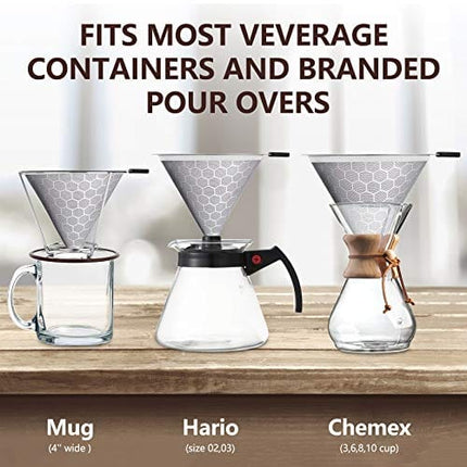 Pour Over Coffee Maker, Stainless Steel Reusable Coffee Filter, Paperless Manual Coffee Cone Filter, Pour Over Coffee Dripper for (1-4 Cup), Fine Mesh Coffee Strainer with Stand and Bonus Brush