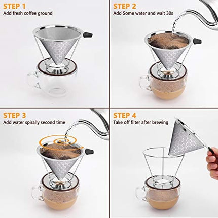 Pour Over Coffee Maker, Stainless Steel Reusable Coffee Filter, Paperless Manual Coffee Cone Filter, Pour Over Coffee Dripper for (1-4 Cup), Fine Mesh Coffee Strainer with Stand and Bonus Brush