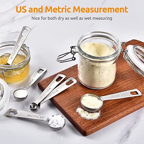 Stackable Measuring Spoons Set of 7 Including Leveler, Tablespoon with  Metric and US Measurements, Heavy Duty