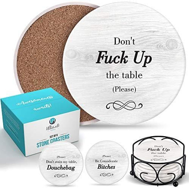 Funny Coasters for Drinks with Holder - Absorbent Drink Coasters Set 6 Pcs - 3 Sayings - Housewarming Gift for Friends - Men, Women Birthday - Cool Home Decor - Living Room, Kitchen, Bar Decorations