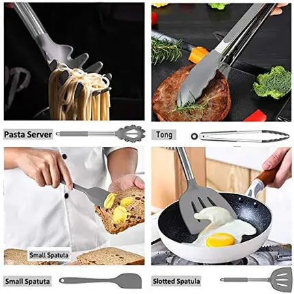 Silicone Cooking Utensil Set,Umite Chef Kitchen Utensils 15pcs Cooking Utensils Set Non-stick Heat Resistan BPA-Free Silicone Stainless Steel Handle Cooking Tools Whisk Kitchen Tools Set - Grey
