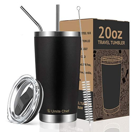 Umite Chef 20oz Tumbler Double Wall Stainless Steel Vacuum Insulated Travel Mug with Lid, Insulated Coffee Cup, 2 Straws, for Home, Outdoor, Office, School, Ice Drink, Hot Beverage（20 oz, Black）