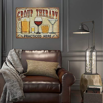 UNIQUELOVER Bar Signs, Group Therapy Practiced Here Retro Vintage Metal Tin Signs for Home Bar Decor 12” X 8”