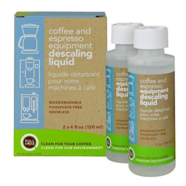 Urnex Full Circle Coffee and Espresso Descaler 4 Ounce (2 Single Use Bottles) Safe on Keurig Delonghi Nespresso Ninja Hamilton Beach Mr Coffee Braun