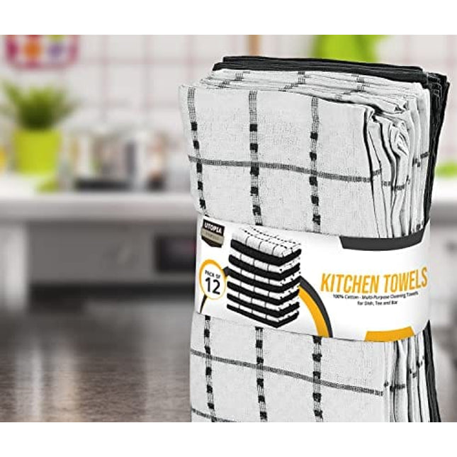 Utopia Towels Kitchen Towels [12 Pack], 15 x 25 Inches, 100% Ring Spun Cotton Super Soft and Absorbent Linen Dish Towels, Tea Towels and Bar Towels Set (Black)