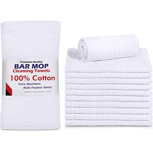 Utopia Towels Ribbed Bar Mop Towels,16 x 19 Inches, 100% Cotton Super Absorbent White Bar Towels, Multi-Purpose Cleaning Towels for Home and Kitchen Bars, (Pack of 12)